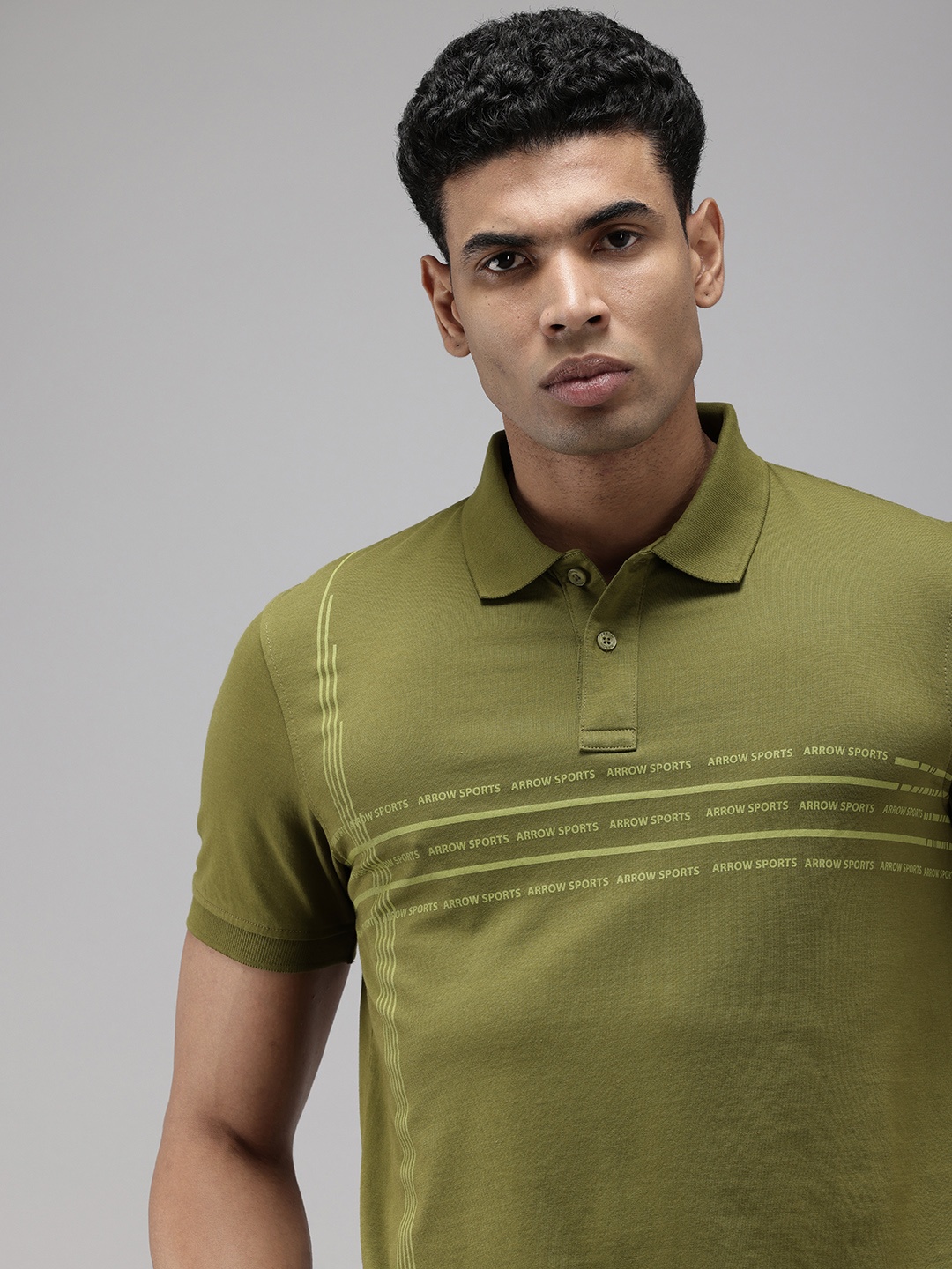 

Arrow Brand Logo Printed & Striped Polo Collar T-shirt, Olive