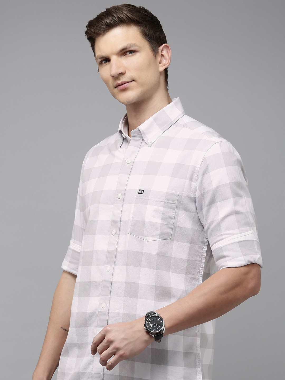 

Arrow Manhattan Slim Fit Checked Pure Cotton Casual Shirt, Grey