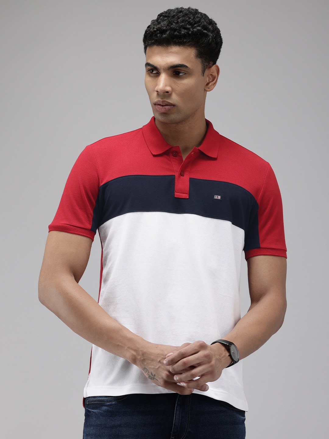 

Arrow Pure Cotton Colourblocked Polo Collar T-shirt, Red