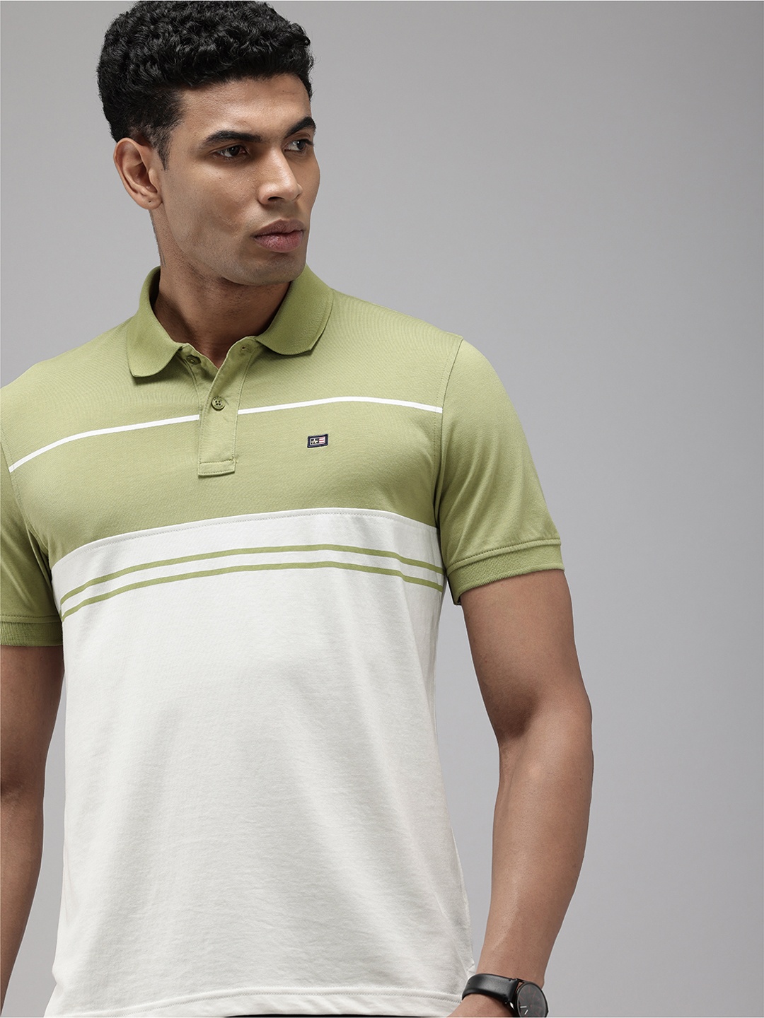 

Arrow Men Colourblocked with Stripes Polo Collar T-shirt, Green
