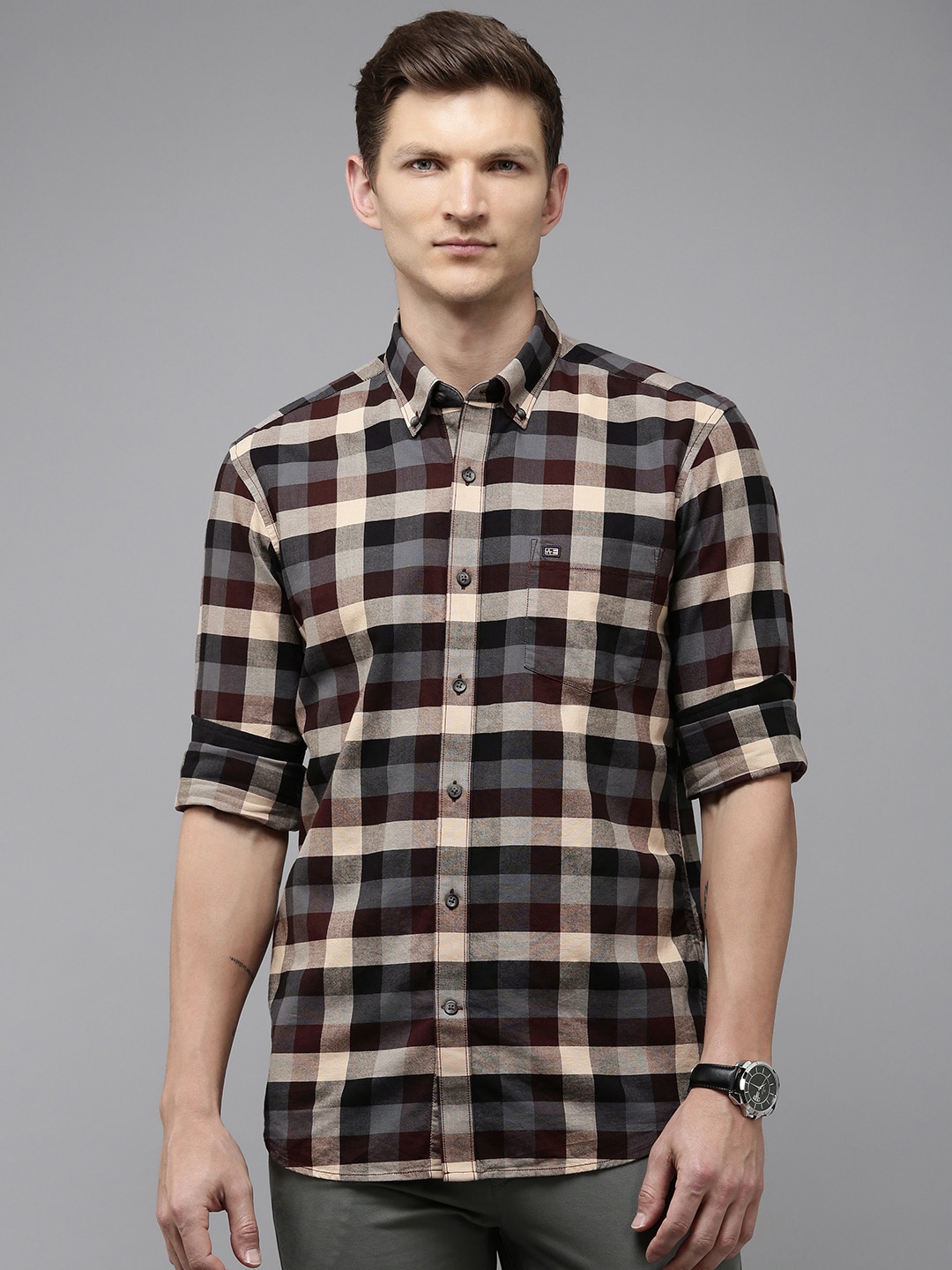 

Arrow Manhattan Slim Fit Checked Pure Cotton Casual Shirt, Maroon