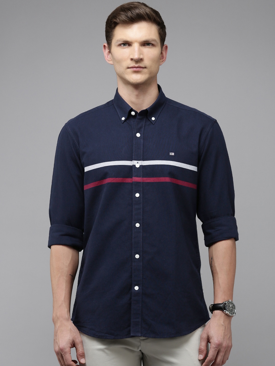 

Arrow Manhattan Slim Fit Striped Pure Cotton Casual Shirt, Navy blue