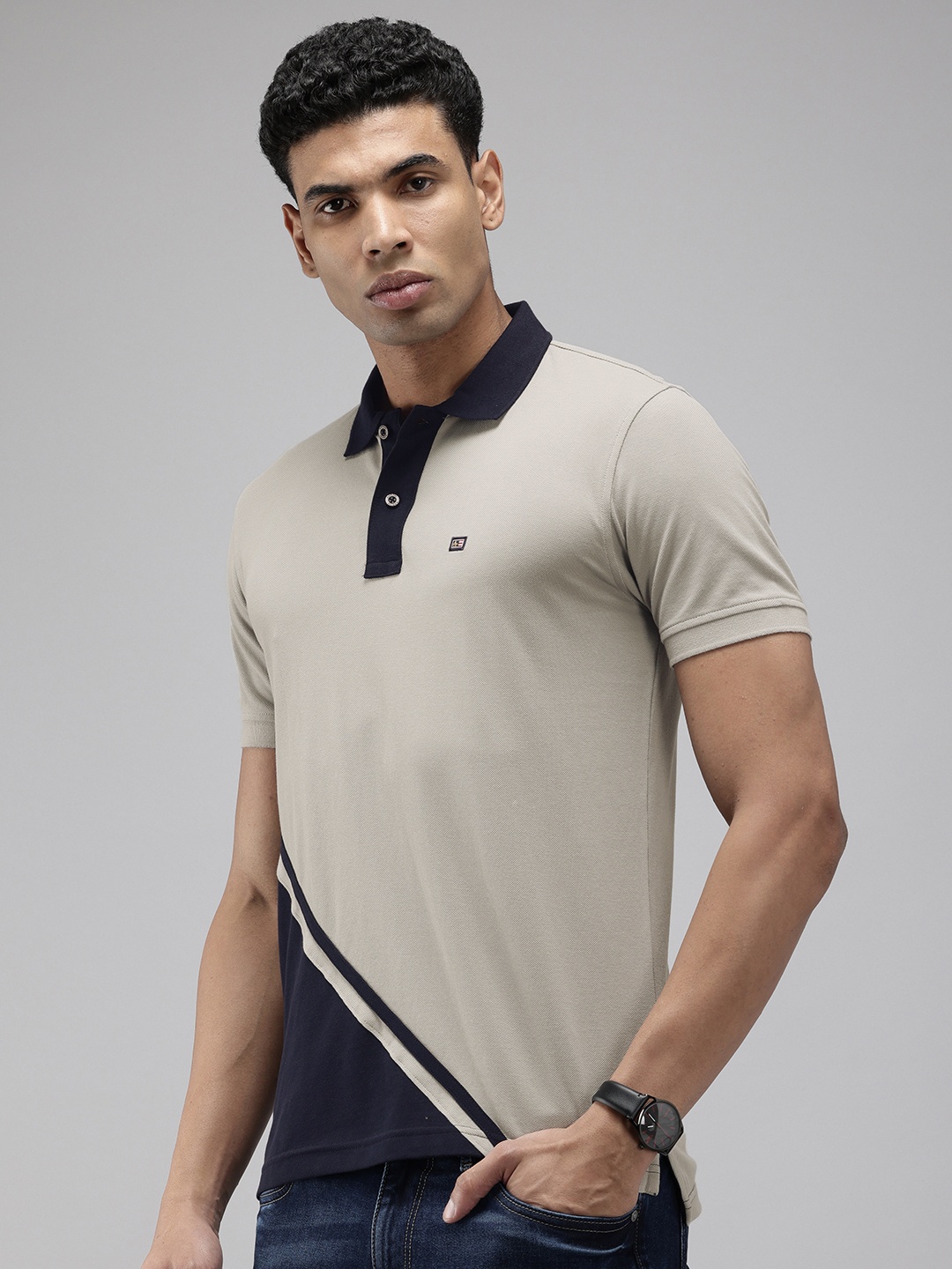 

Arrow Pure Cotton Colourblocked Polo Collar T-shirt, Grey