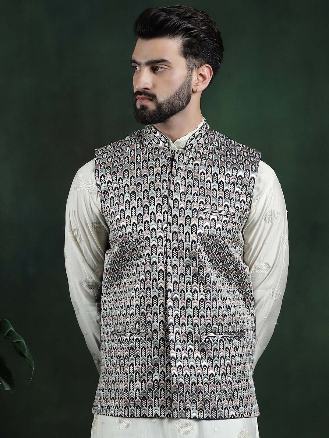 

SOJANYA Embroidered Premium Silk Nehru Jacket, Navy blue