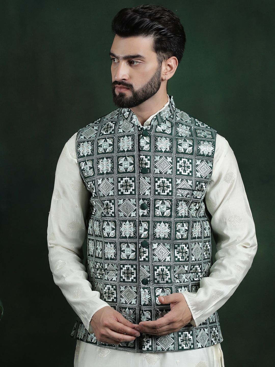 

SOJANYA Men's Embroidered Woven Nehru Jacket, Green