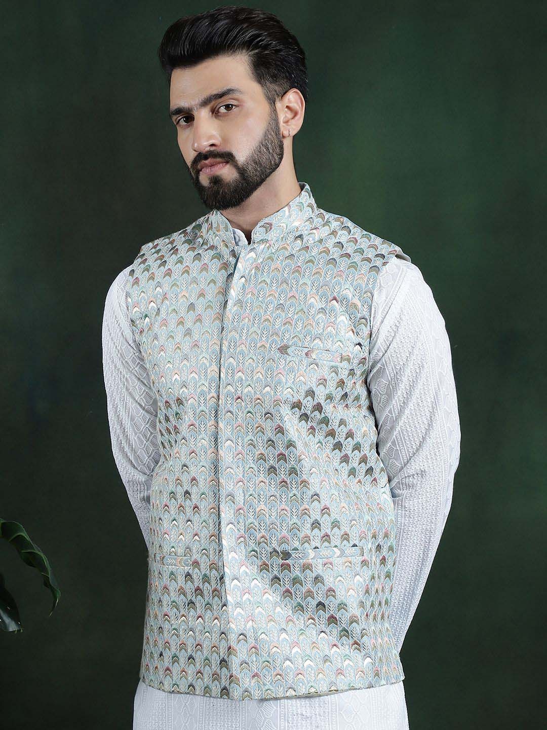 SOJANYA Men's Printed Woven Nehru Jacket, Blue