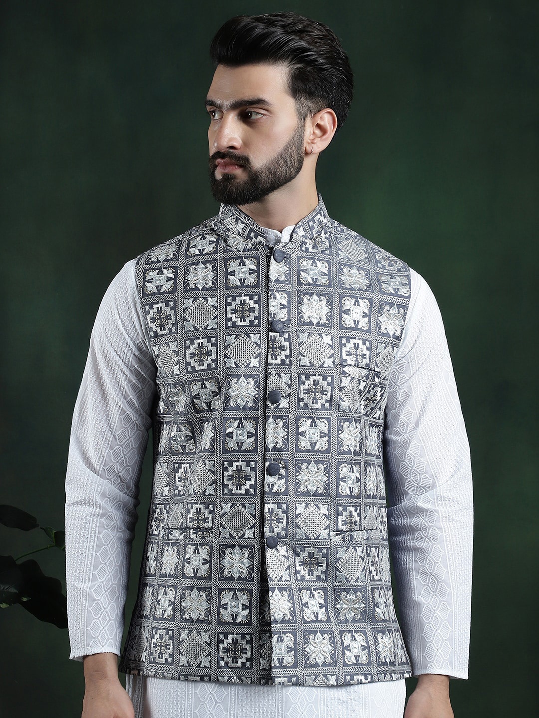 

SOJANYA Men's Embroidered Nehru Jacket, Grey