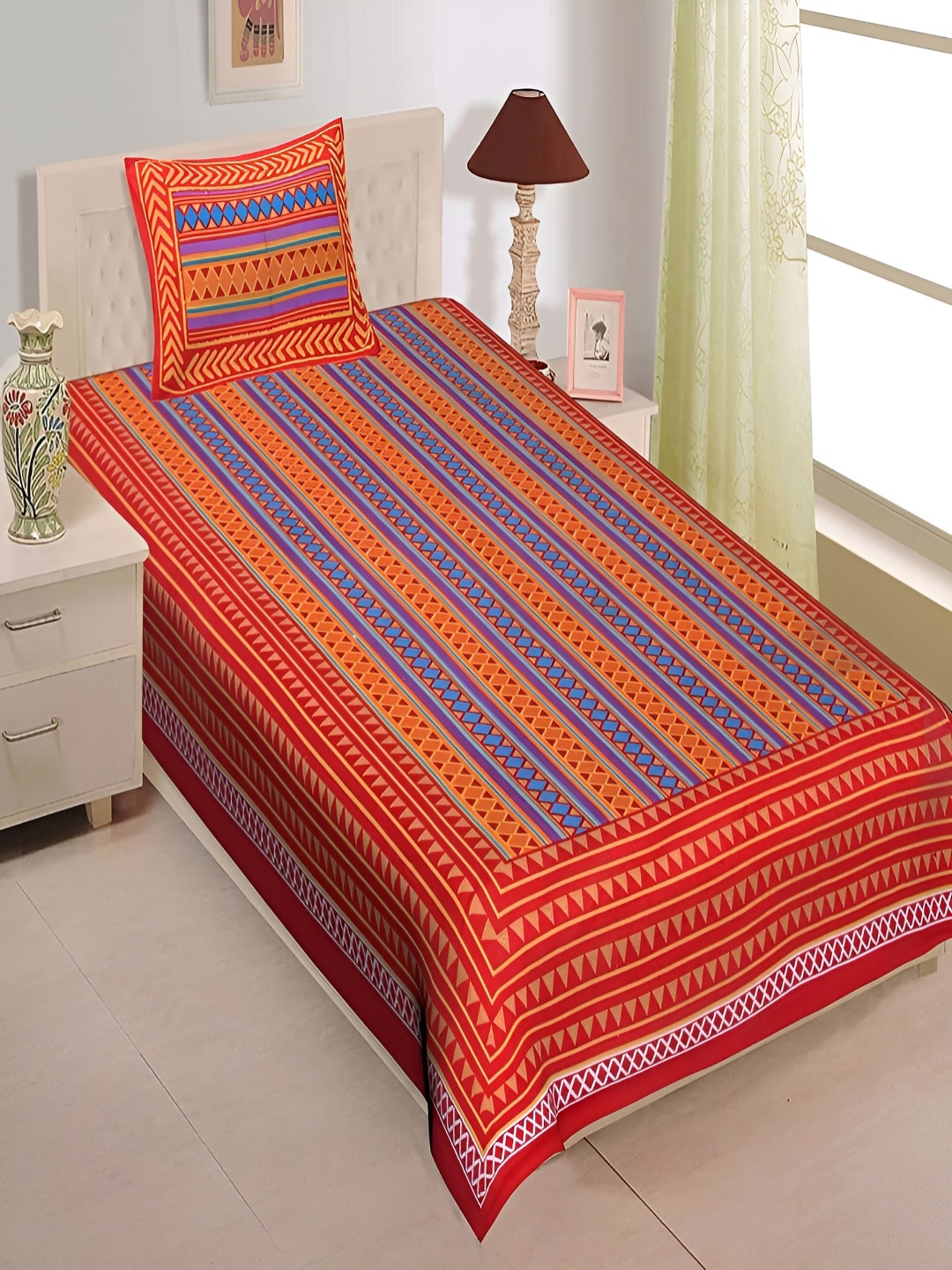 

Aura Red & Blue Striped 120 TC Pure Cotton Single Bedsheet With 2 Pillow Covers