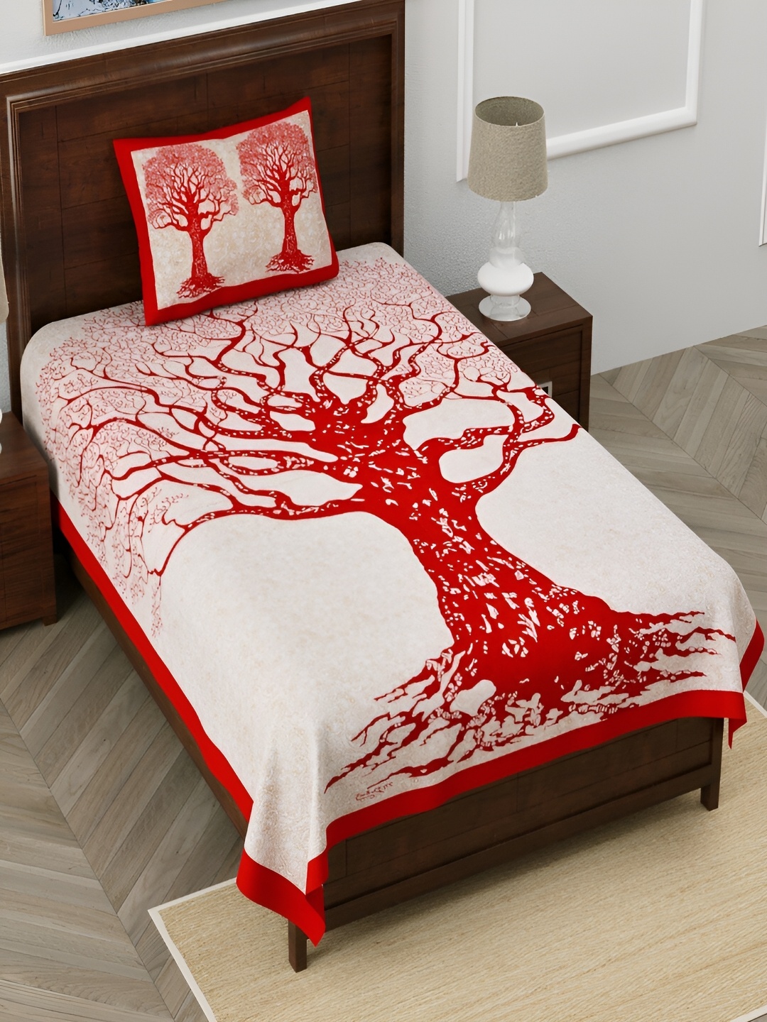 

Aura Red & White Ethnic Motifs Cotton 120 TC Single Bedsheet with 2 Pillow Covers