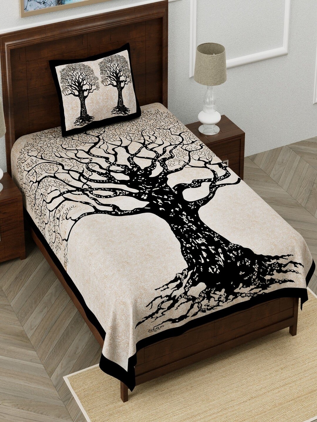 

Aura Black & Beige Floral Cotton 120 TC Single Bedsheet with 2 Pillow Covers