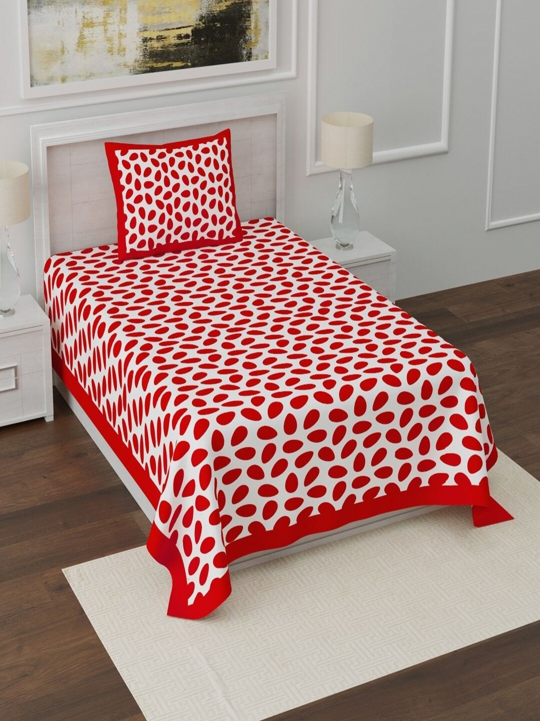 

Aura Red & White Geometric Cotton 120 TC Single Bedsheet with 2 Pillow Covers