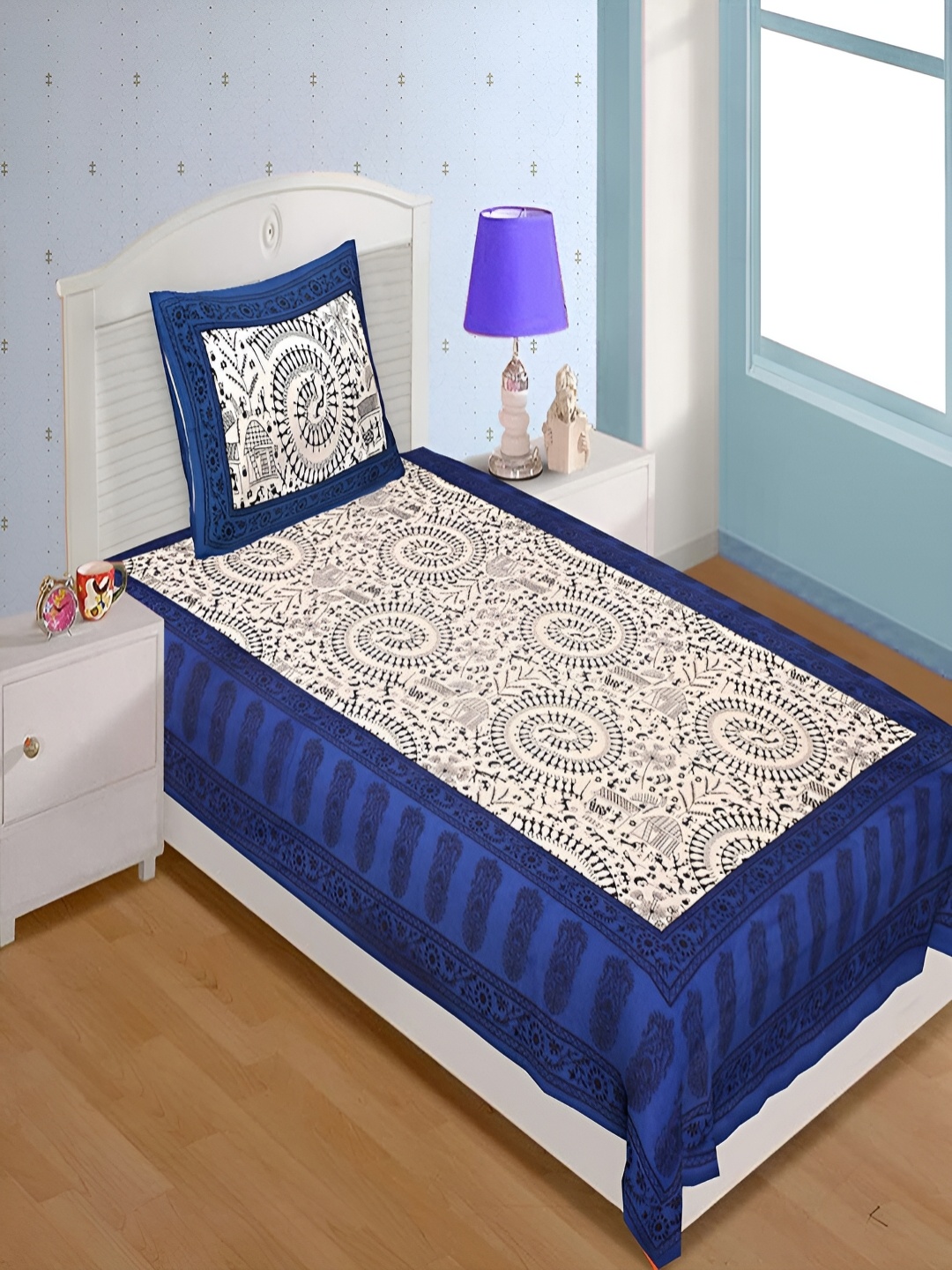 

Aura Blue & Beige Ethnic Motifs 120 TC Pure Cotton Single Bedsheet with 1 Pillow Cover