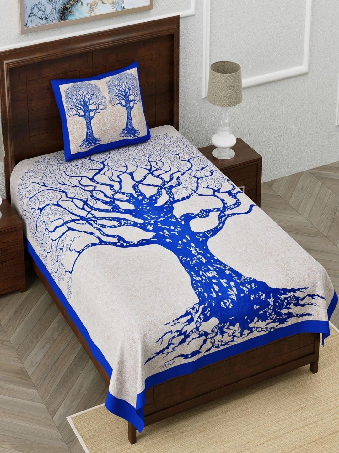 

Aura Blue & Beige Floral Cotton 120 TC Single Bedsheet with 2 Pillow Covers