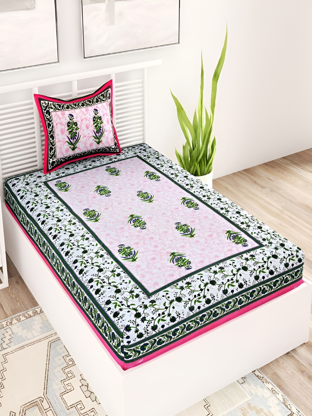

Aura Pink & Green Floral Cotton 120 TC Single Bedsheet with 2 Pillow Covers