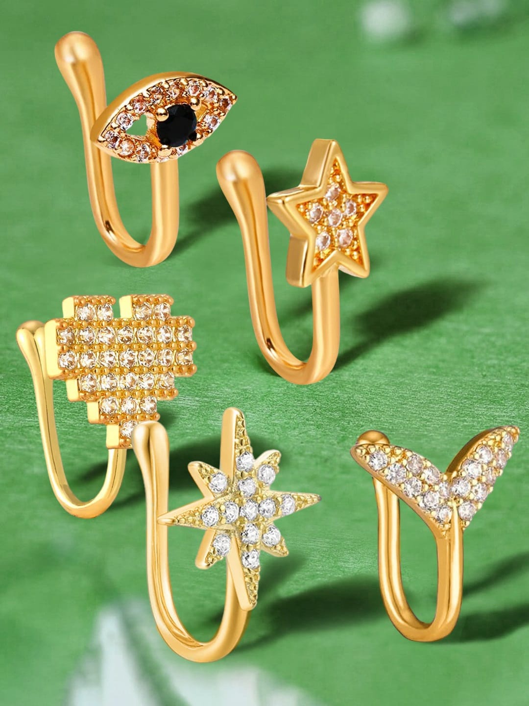 

OOMPH Combo of 5 Gold Nose Pin Artificial Stones and Beads Stud Nosepin