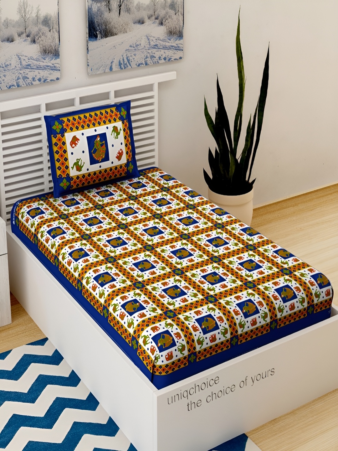

Aura Blue & Orange Ethnic Motifs Cotton 120 TC Single Bedsheet with 2 Pillow Covers