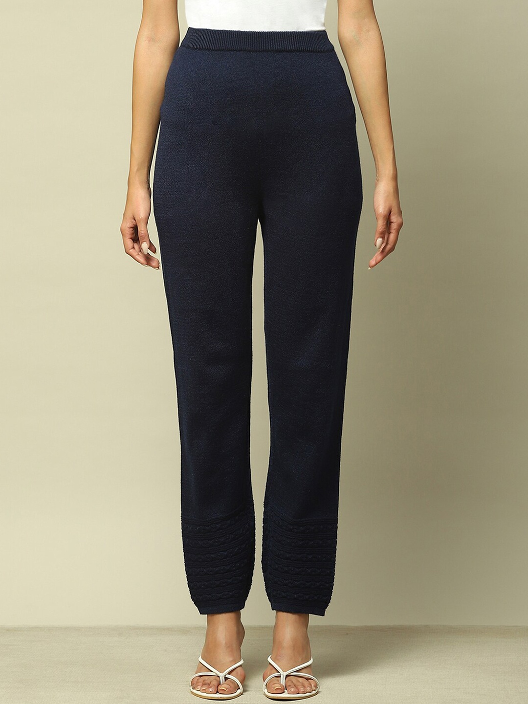 

Rangriti High-Rise Self-Design Regular Trousers, Navy blue