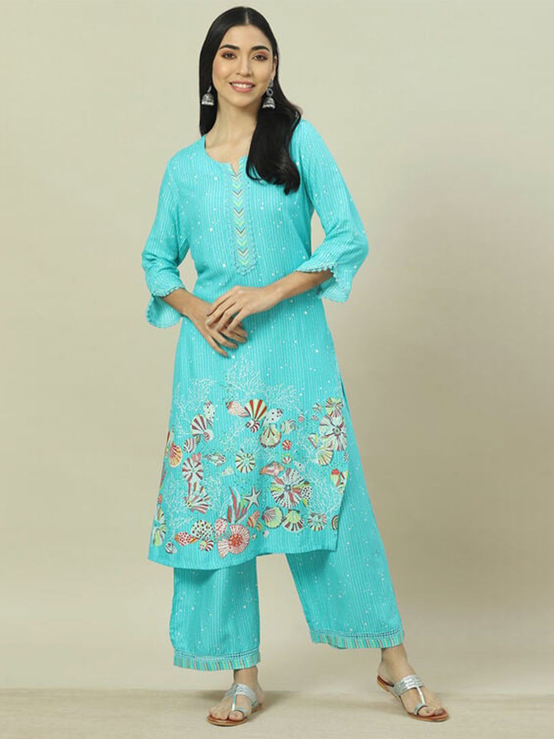 

Rangriti Women Printed Flared Ethnic Palazzos, Sea green