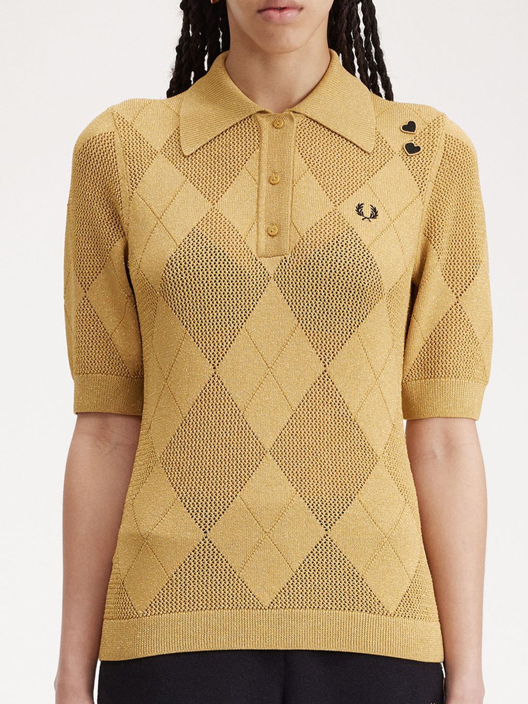 

Fred Perry Women Checked Mandarin Collar Pockets T-shirt, Gold