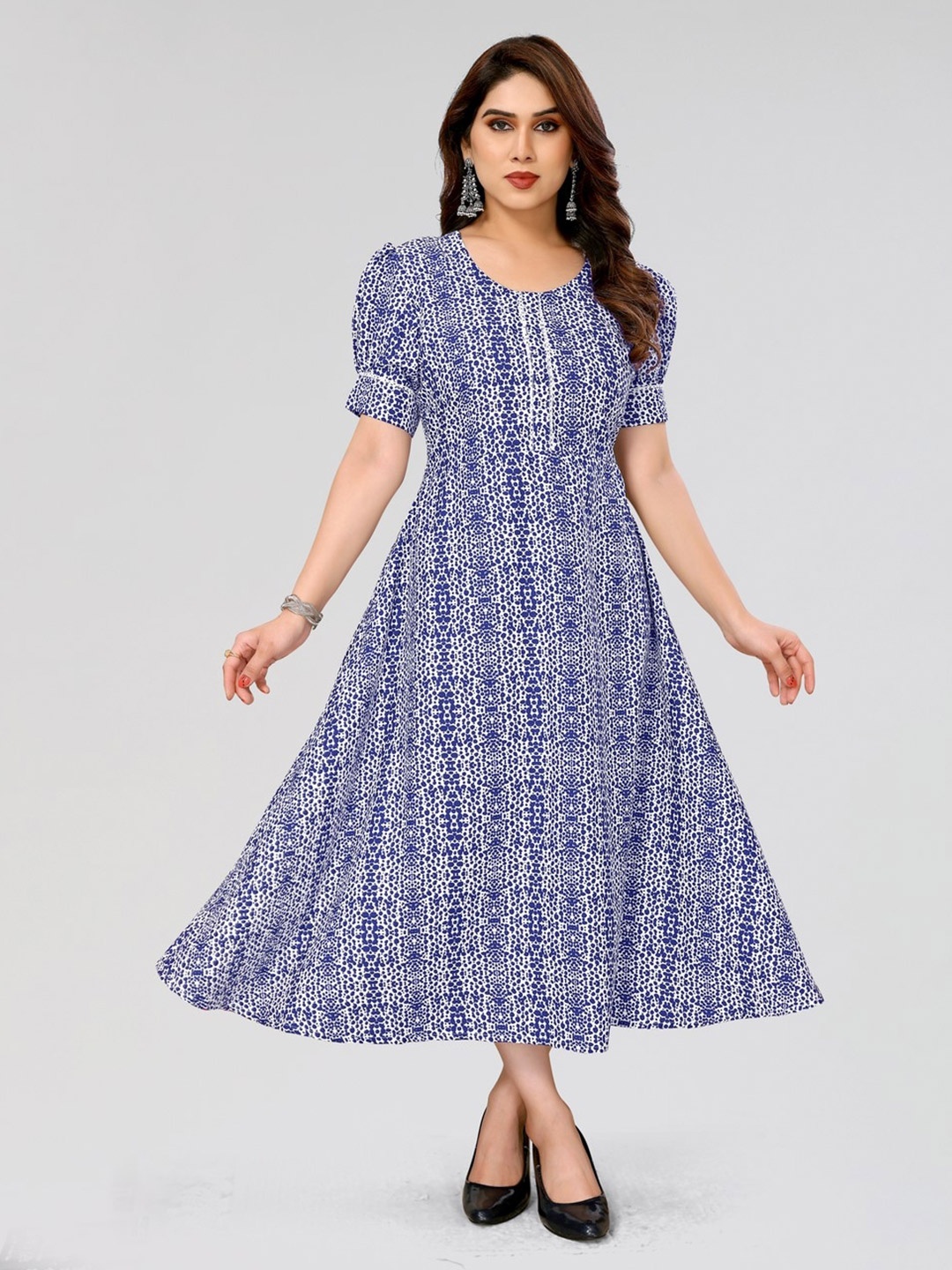 

PYARI - A style for every story Abstract Printed Puff Sleeves Crepe A-Line Midi Dress, Navy blue