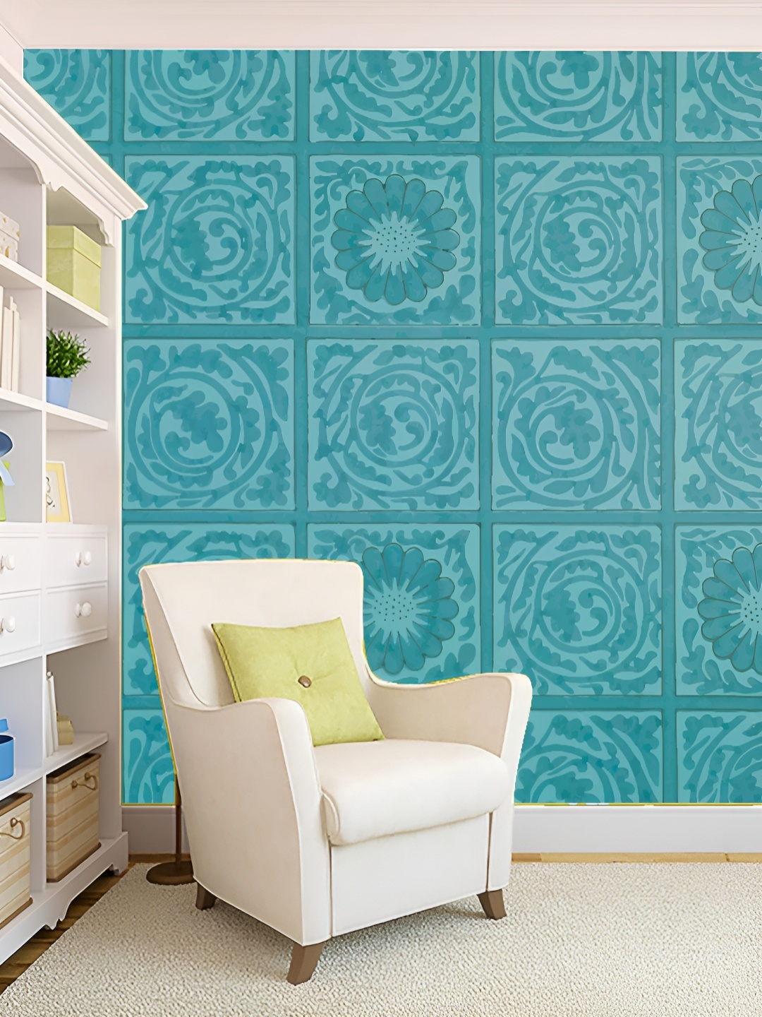 

KSHIRSA Teal Blue Printed Self-Adhesive 3D Wallpaper