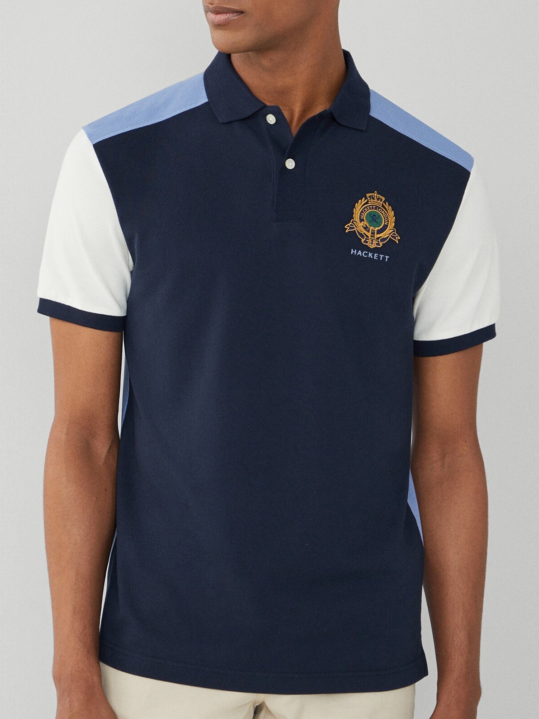 

HACKETT LONDON Colourblocked Polo Collar Cotton T-shirt, Navy blue