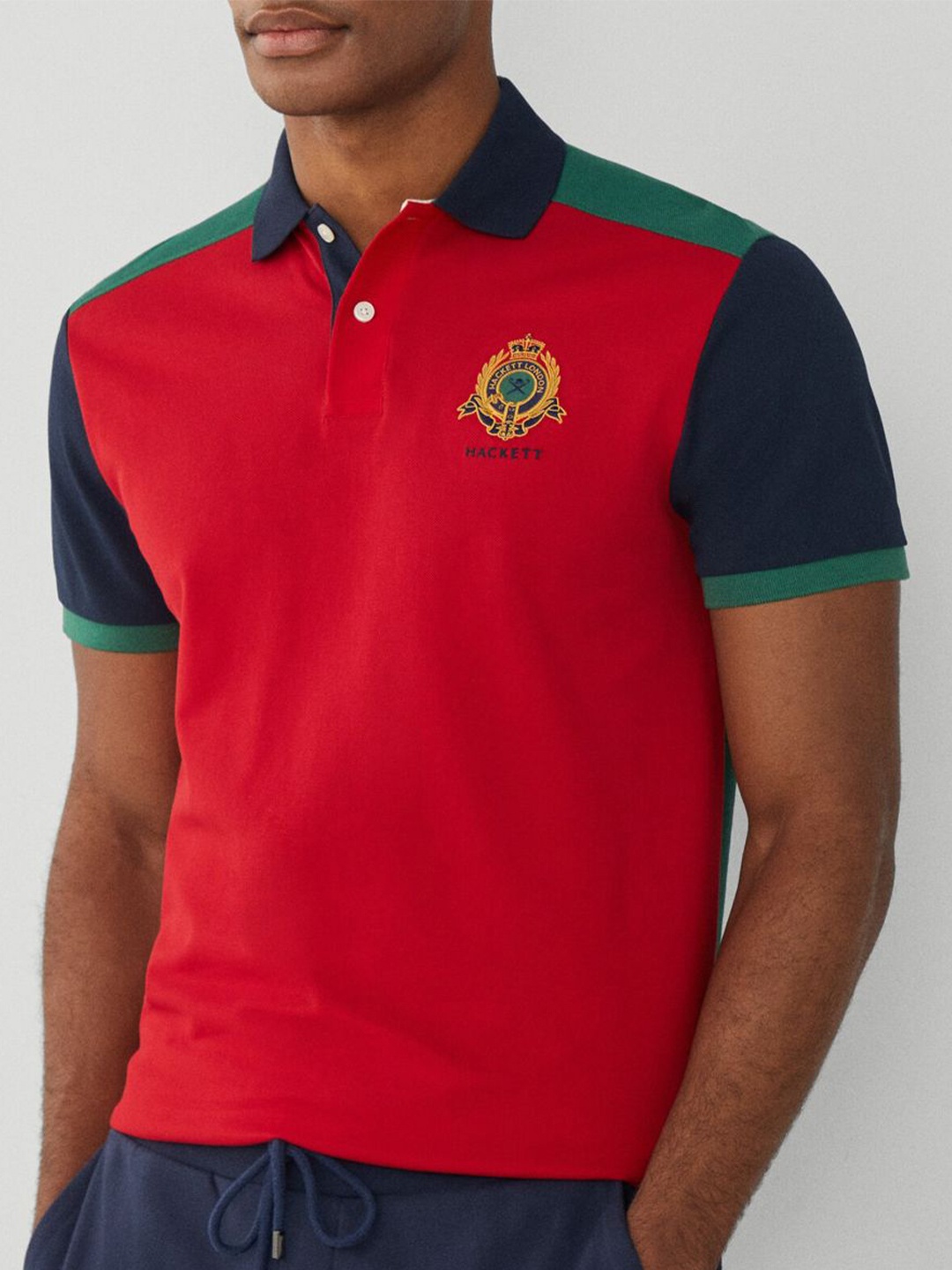 

HACKETT LONDON Colorblocked Polo Collar Cotton T-shirt, Red