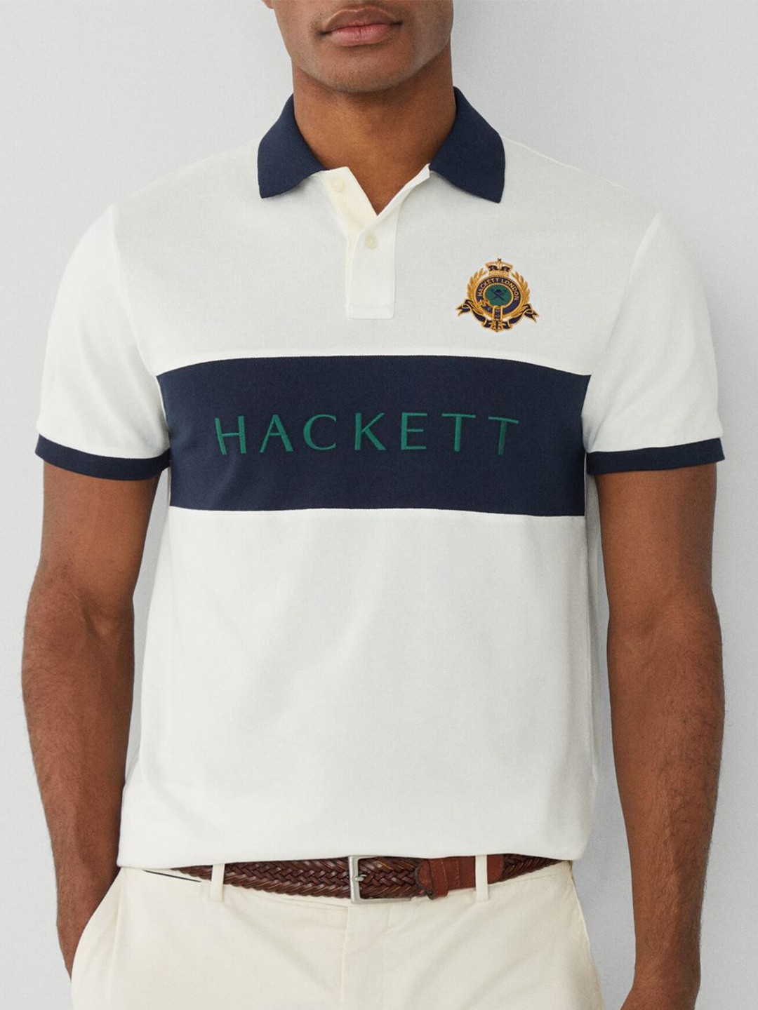 

HACKETT LONDON Colourblocked Polo Collar Cotton Classic Fit T-shirt, White