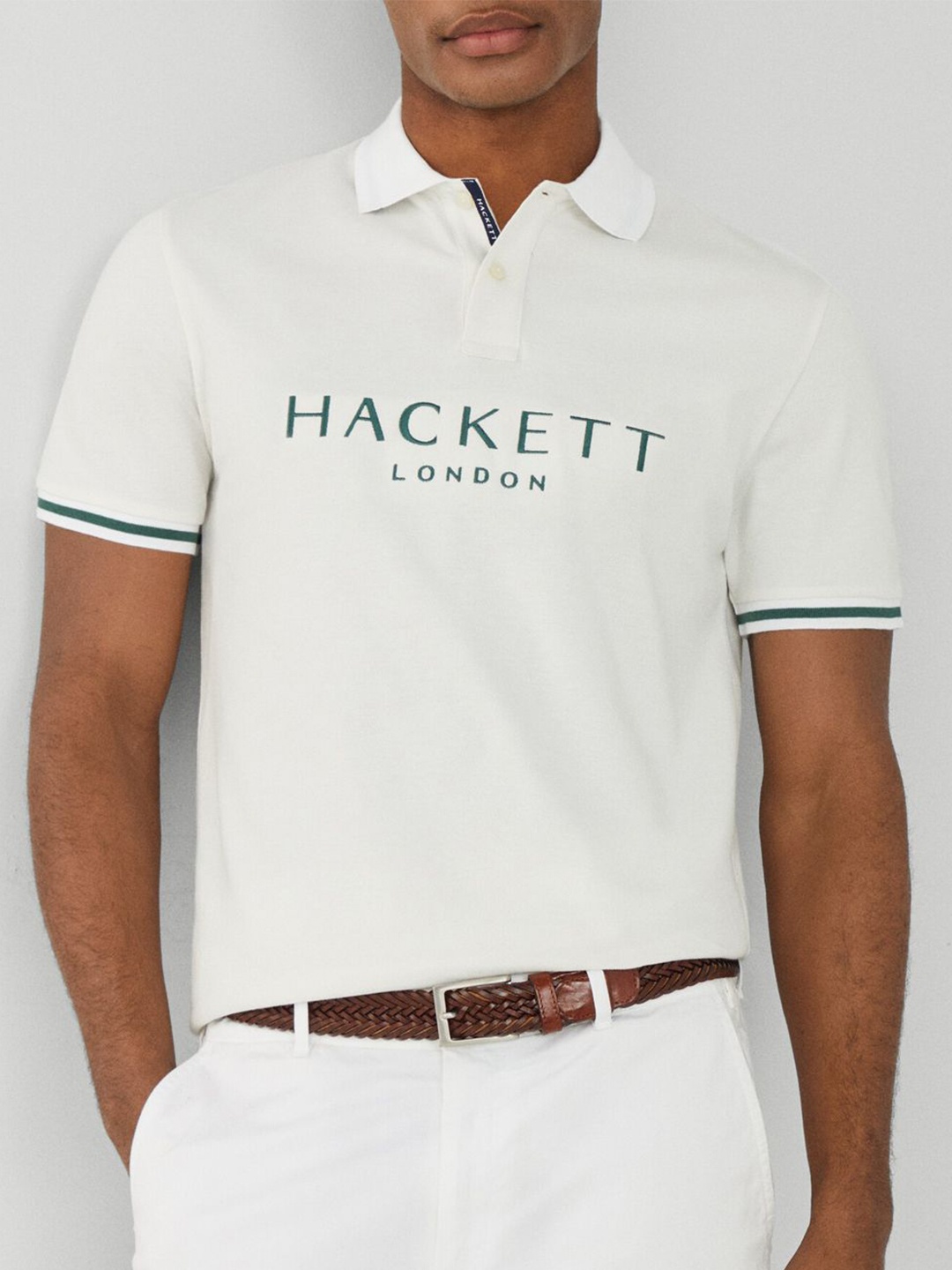 

HACKETT LONDON Men Typography Printed Polo Collar Applique T-shirt, White