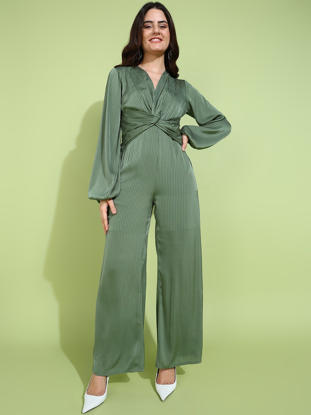 

DODO & MOA V-Neck Striped Basic Jumpsuit, Green