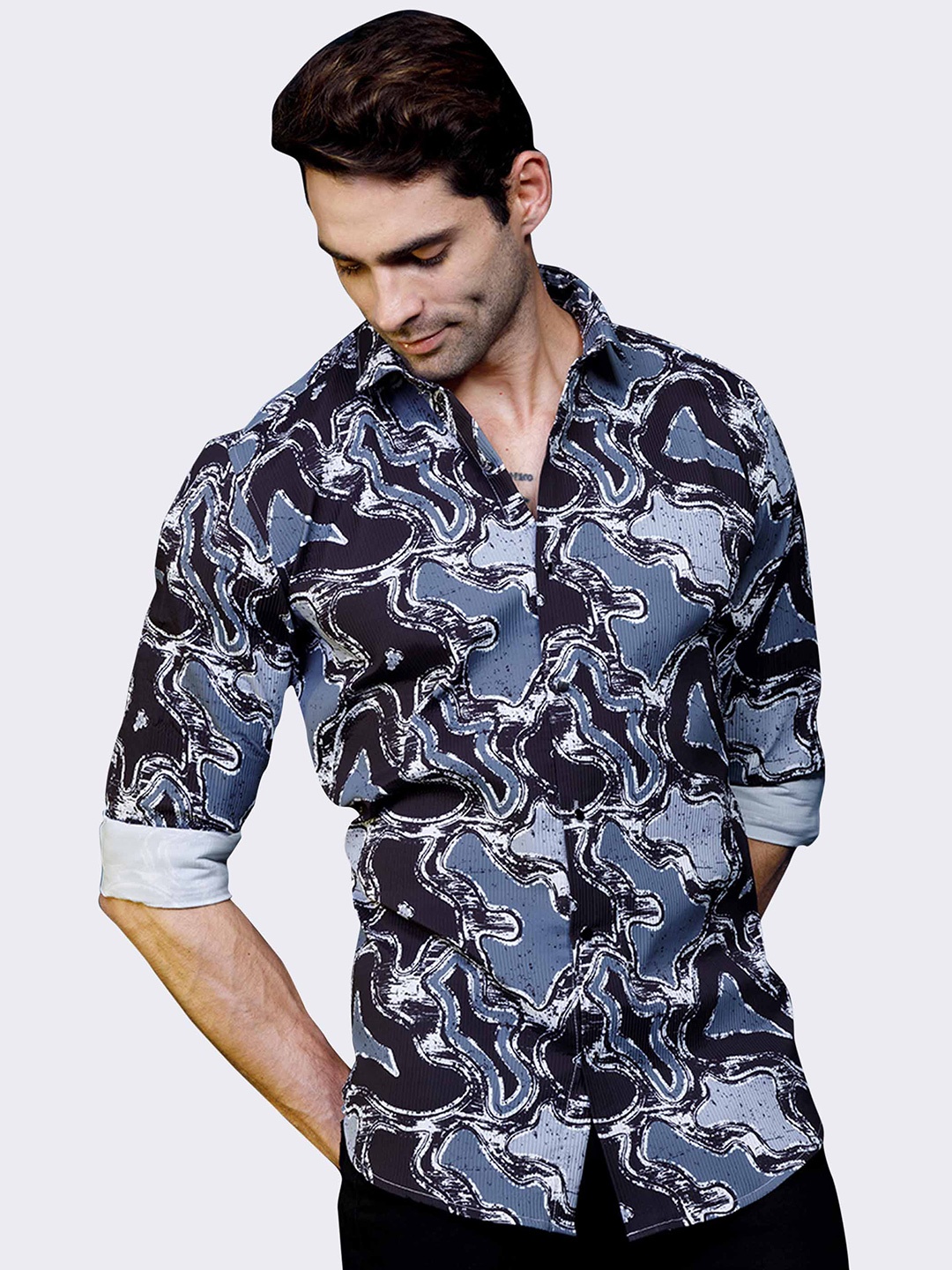 

ALMATY Comfort Slim Fit Abstract Printed Cotton Party Shirt, Grey