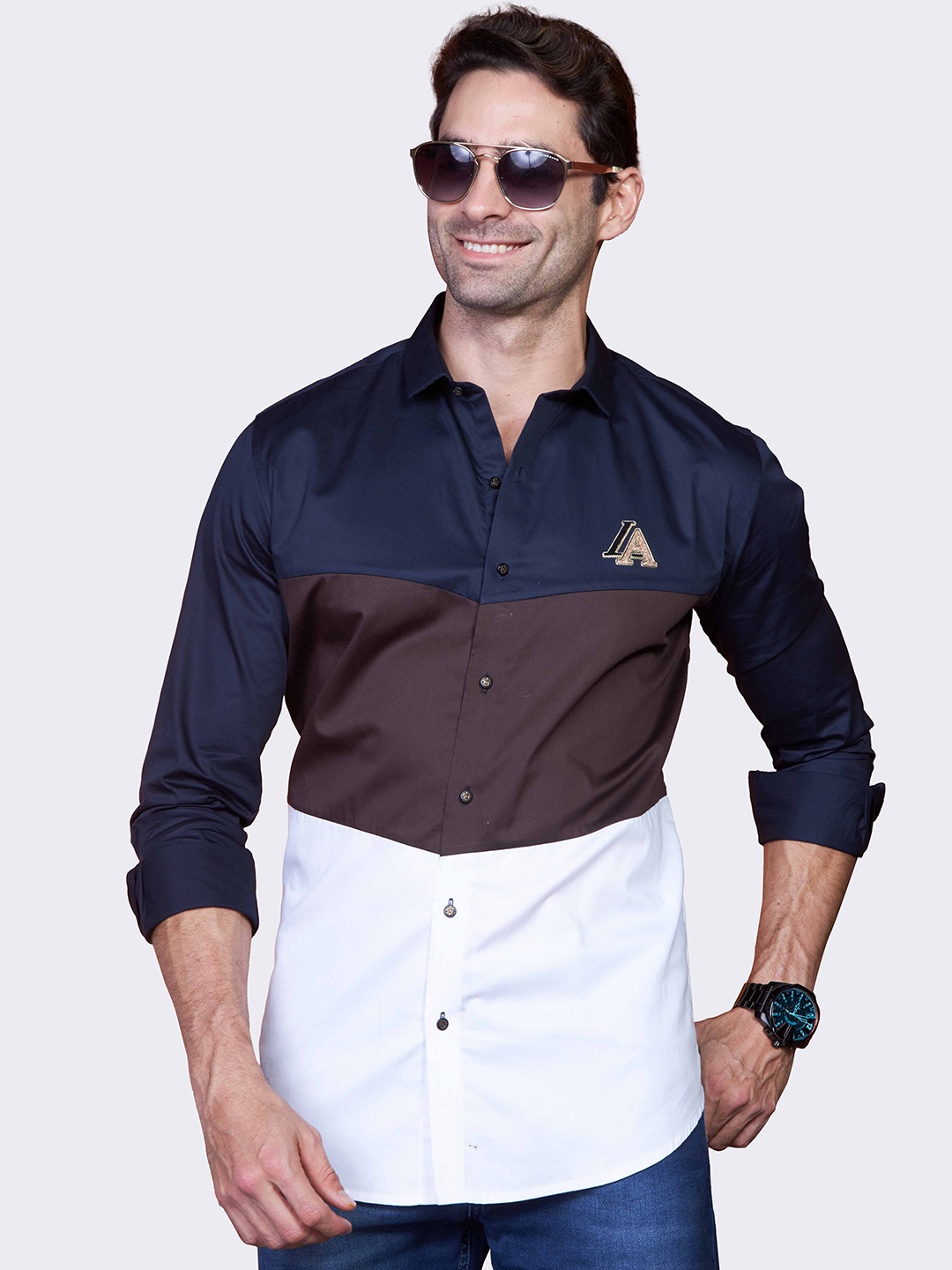 

ALMATY Comfort Slim Fit Colourblocked Cotton Casual Shirt, Blue