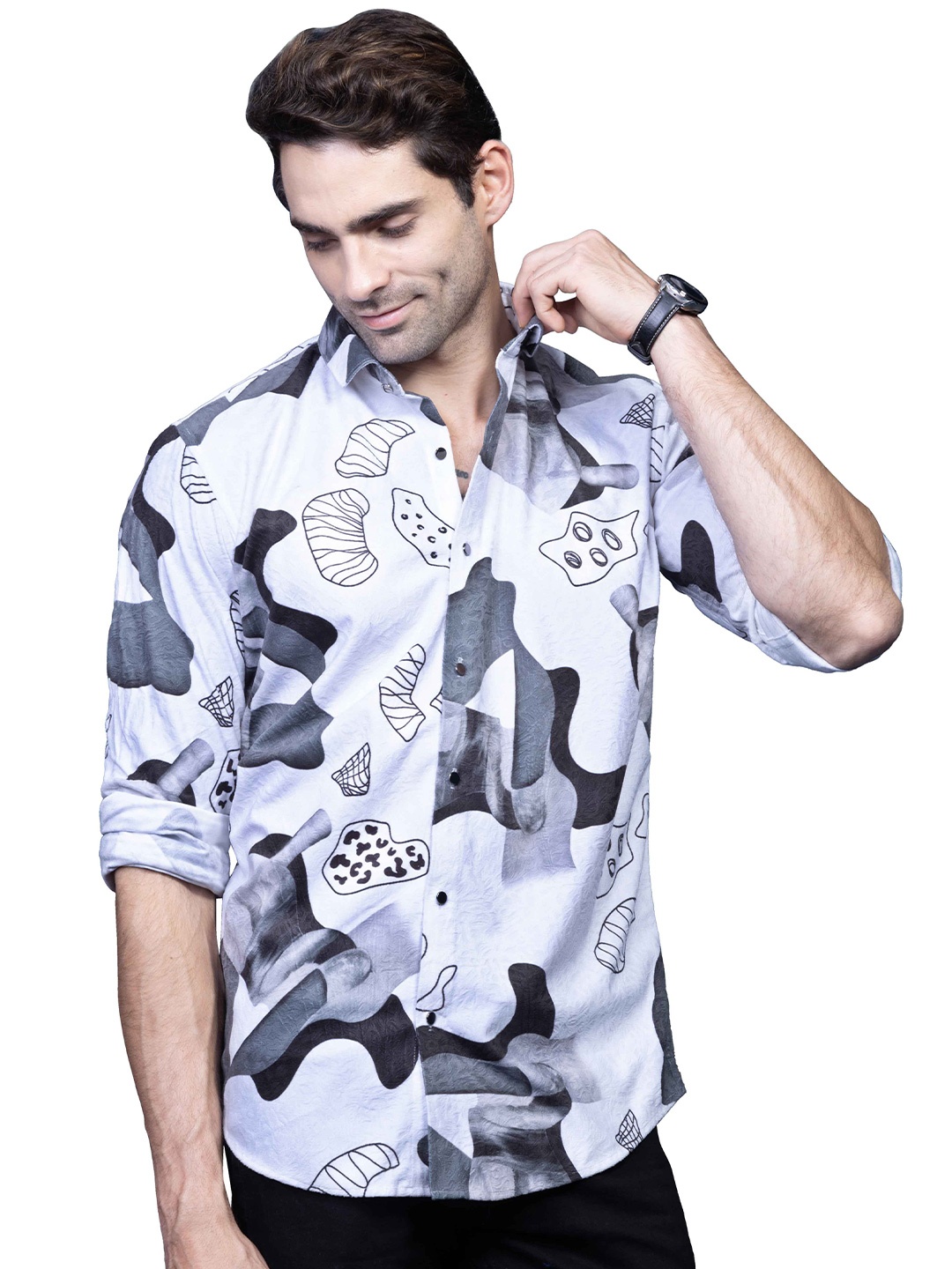 

ALMATY Comfort Slim Fit Abstract Printed Cotton Casual Shirt, White