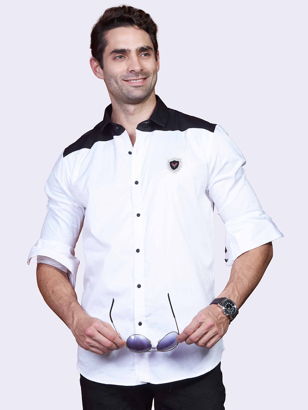 

ALMATY Comfort Slim Fit Colorblocked Cotton Party Shirt, White
