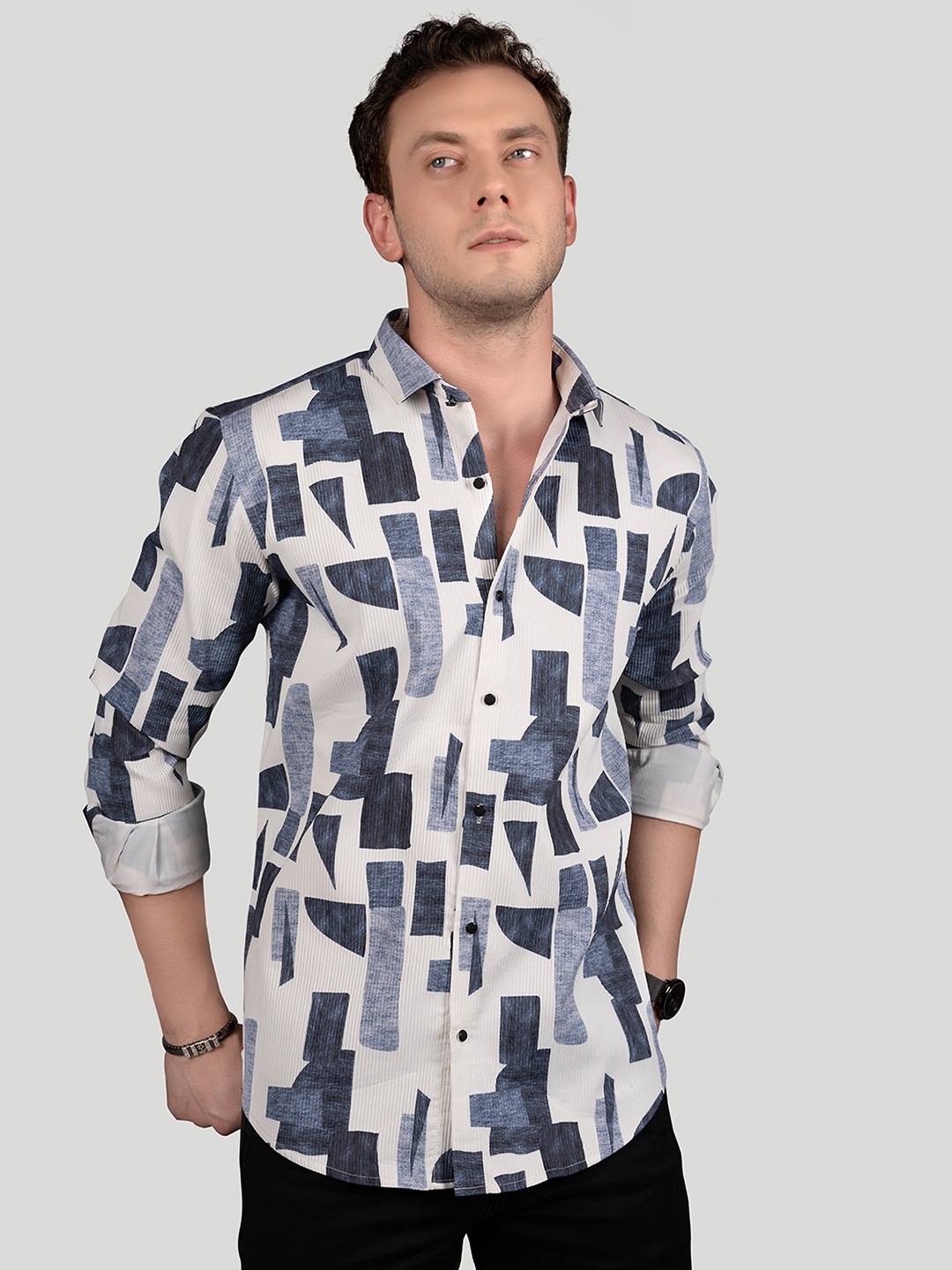 

ALMATY Comfort Slim Fit Abstract Printed Cotton Casual Shirt, White