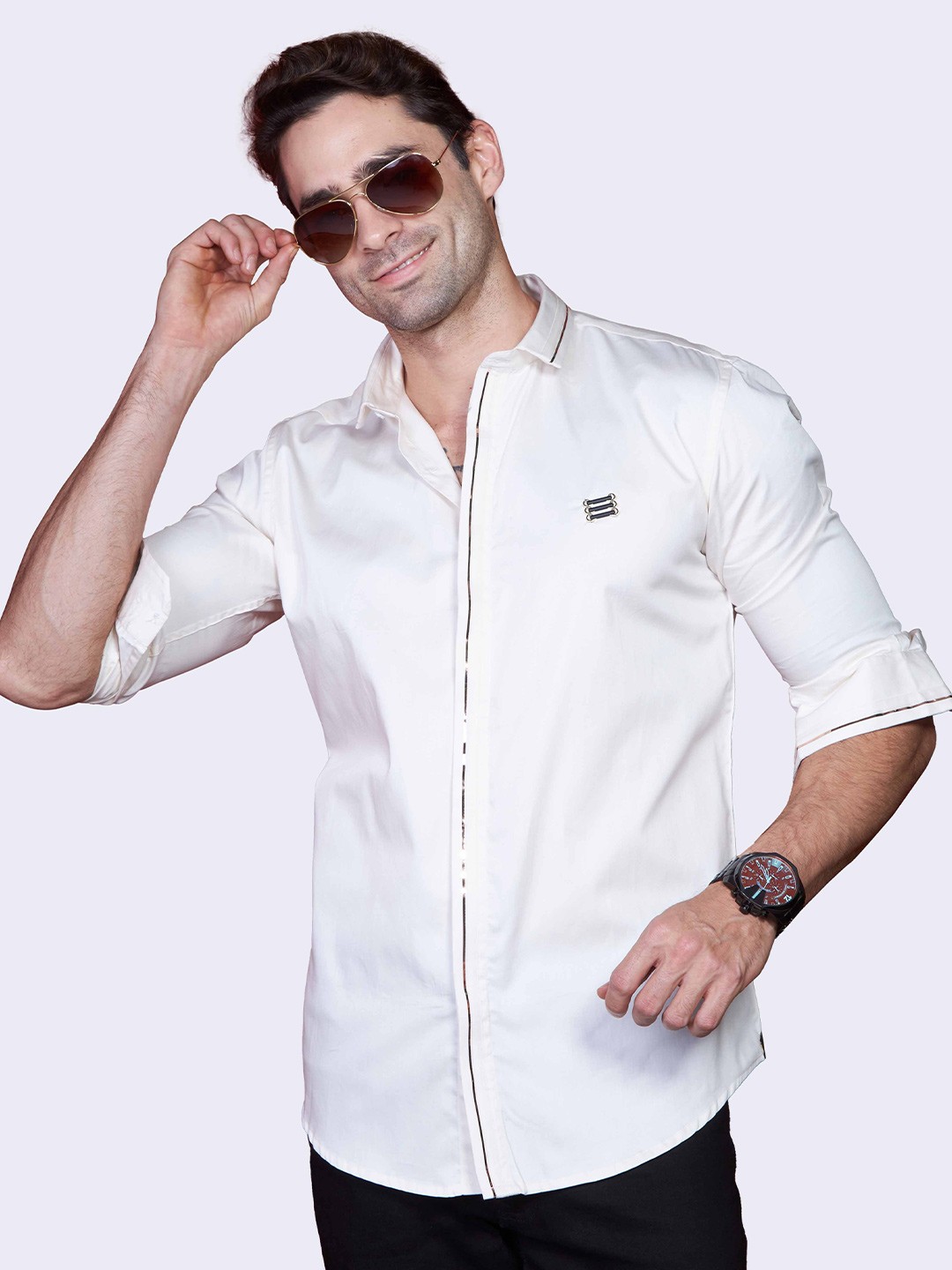 

ALMATY Comfort Slim Fit Spread Collar Cotton Casual Shirt, Cream