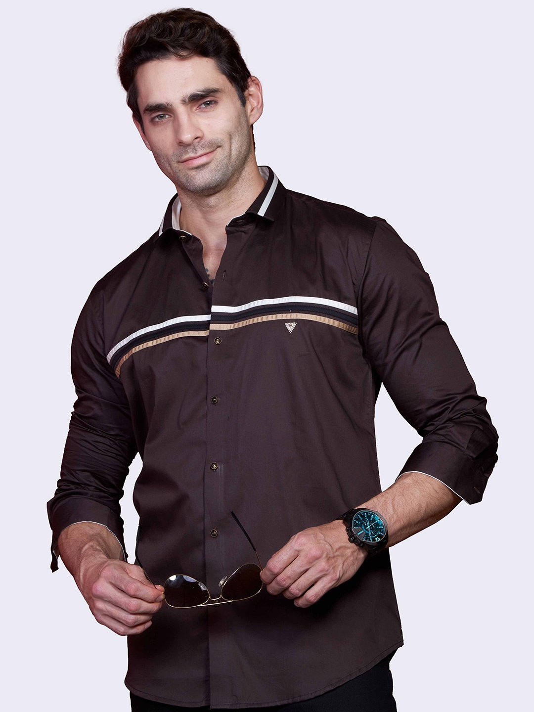 

ALMATY Comfort Slim Fit Spread Collar Cotton Party Shirt, Brown