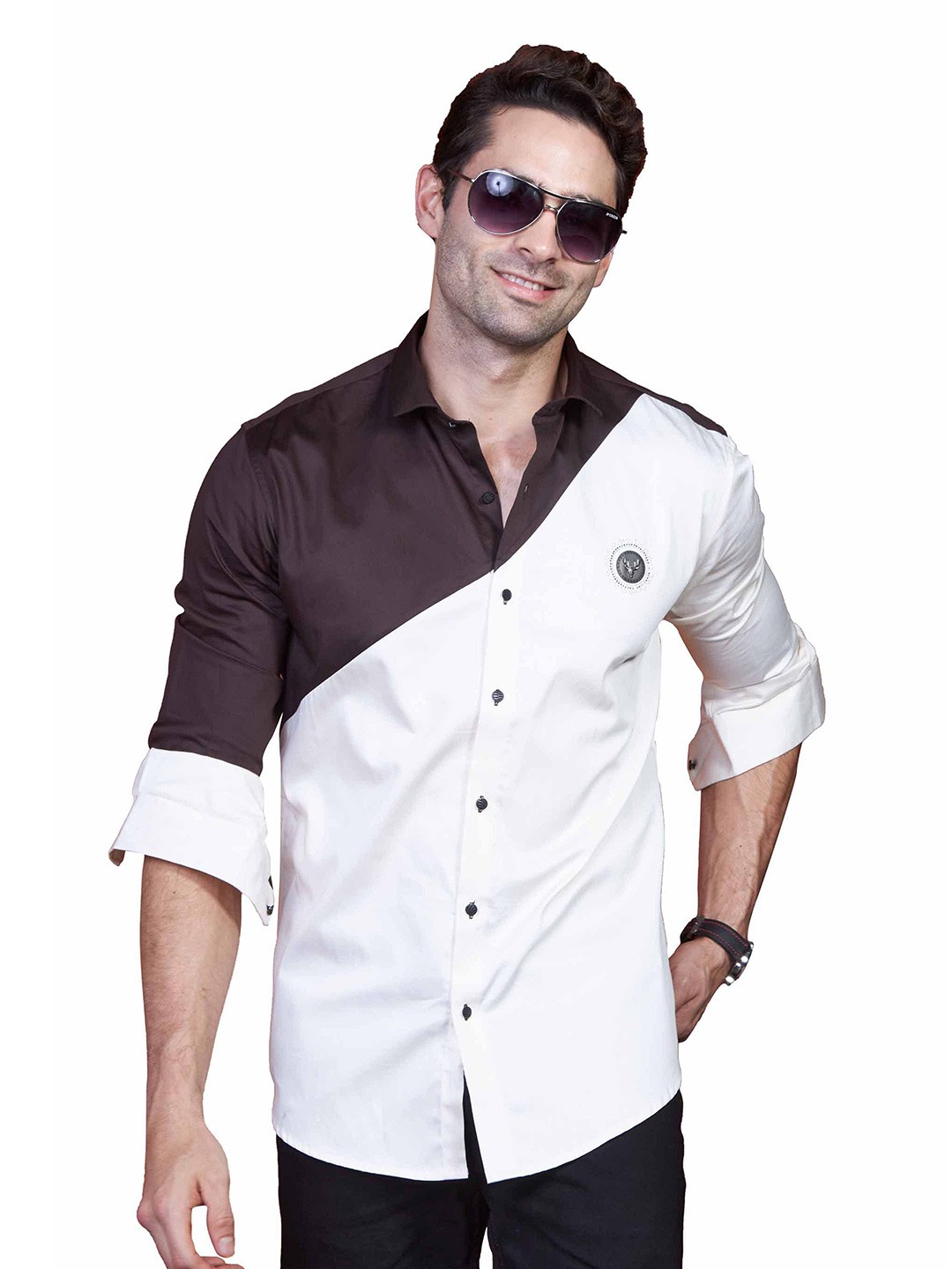 

ALMATY Comfort Colourblocked Cutaway Collar Slim Fit Casual Cotton Shirt, White