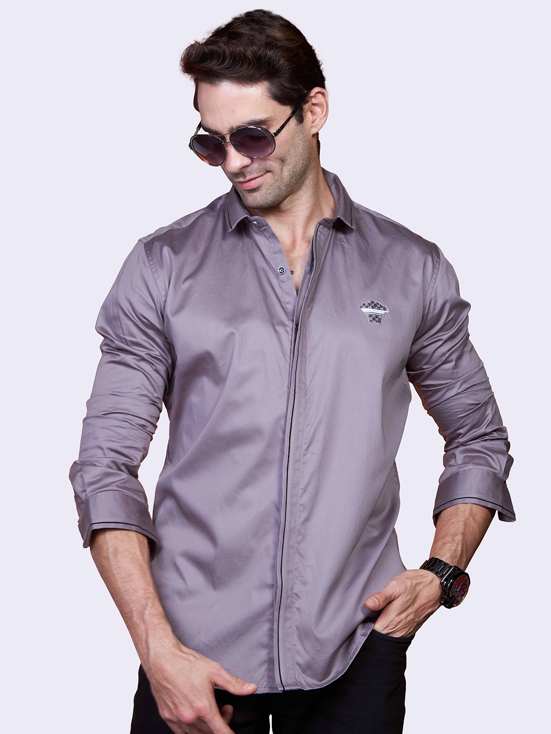 

ALMATY Comfort Slim Fit Spread Collar Cotton Casual Shirt, Silver