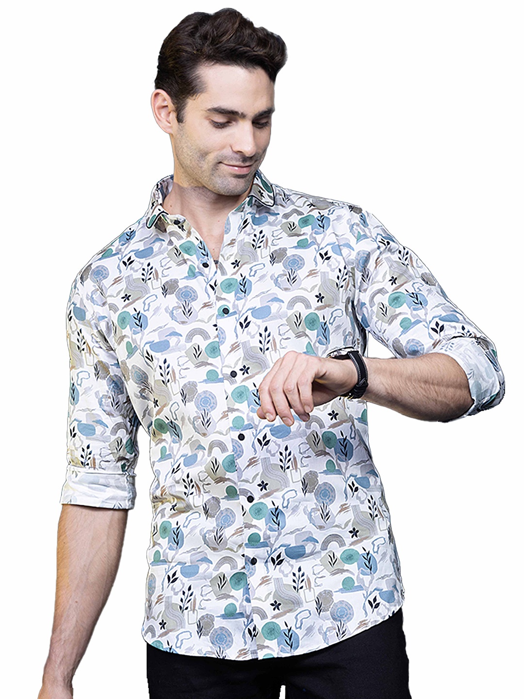 

ALMATY Comfort Slim Fit Floral Printed Spread Collar Cotton Party Shirt, Cream