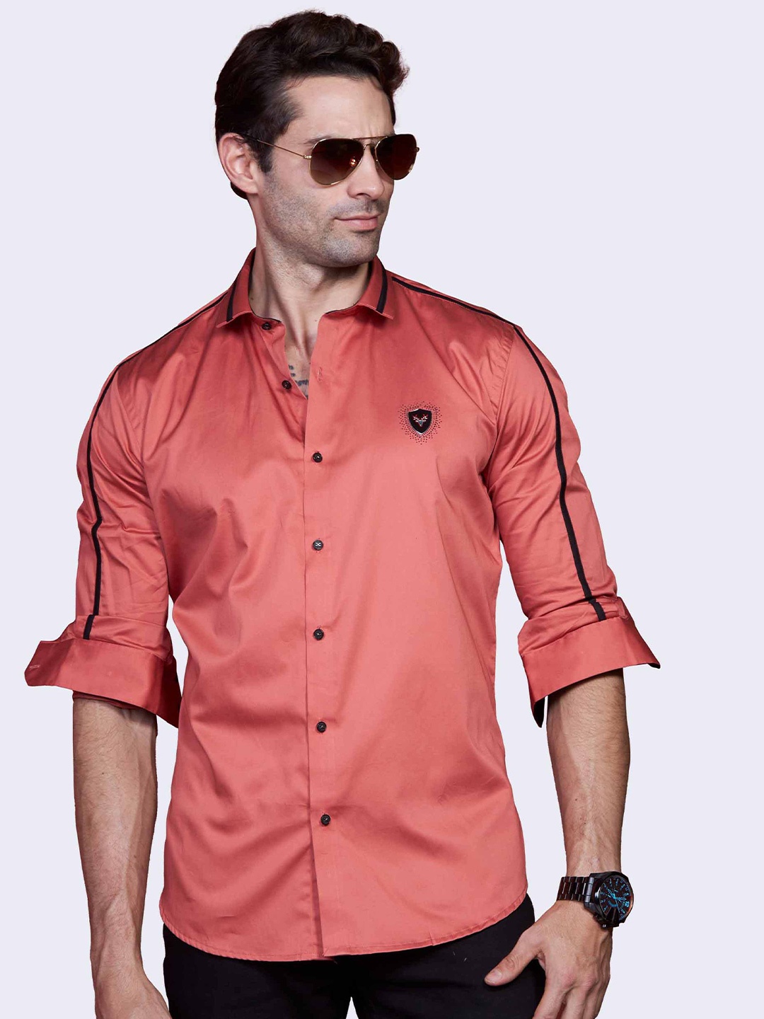 

ALMATY Comfort Slim Fit Spread Collar Cotton Casual Shirt, Orange