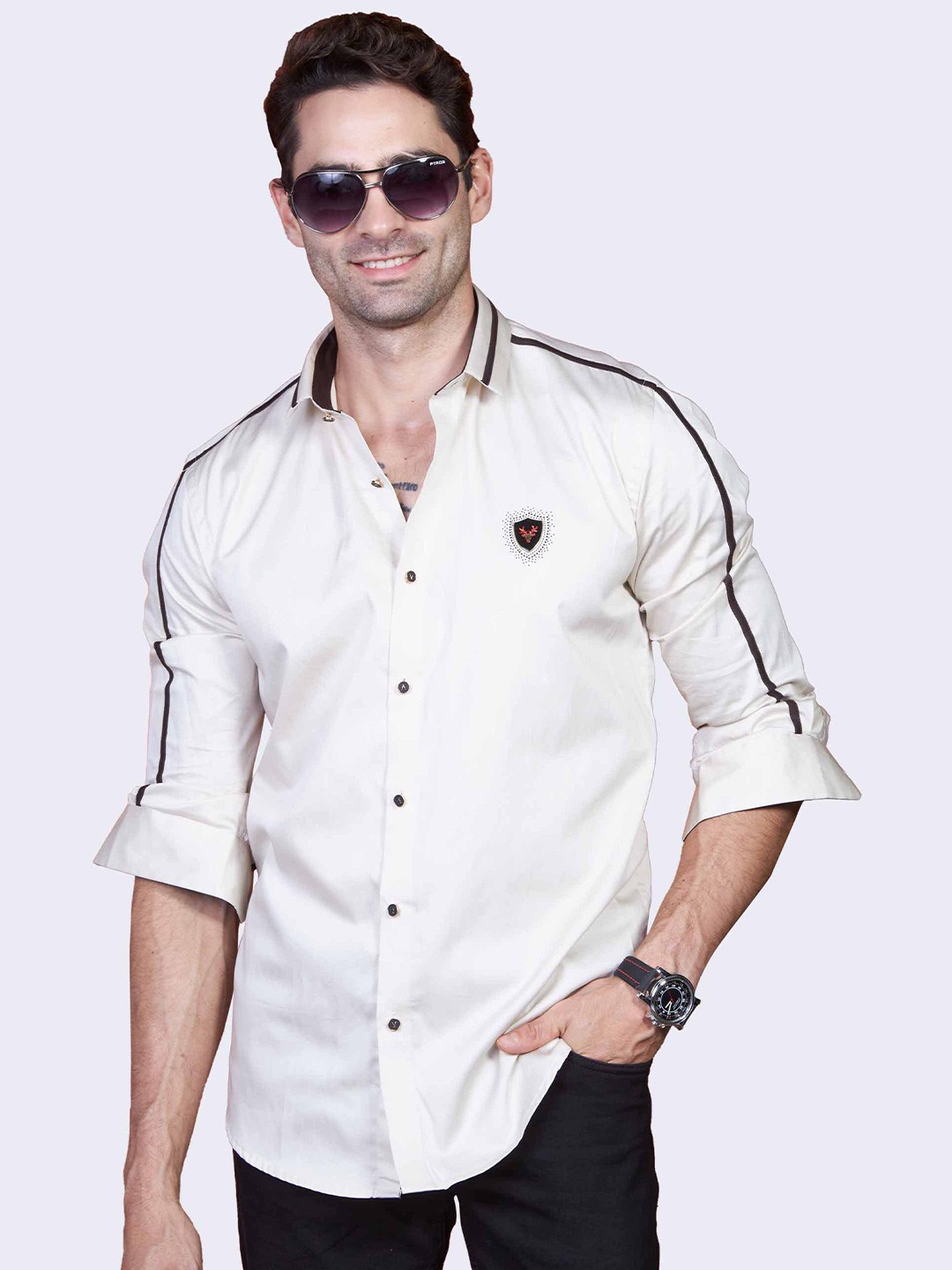 

ALMATY Comfort Slim Fit Spread Collar Cotton Casual Shirt, Beige