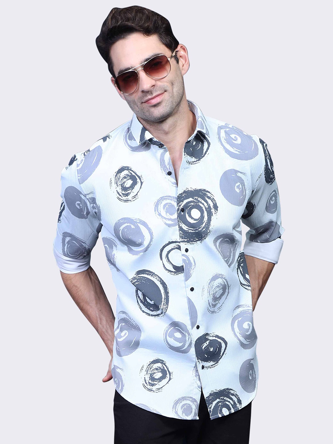 

ALMATY Comfort Slim Fit Abstract Printed Cotton Party Shirt, Grey