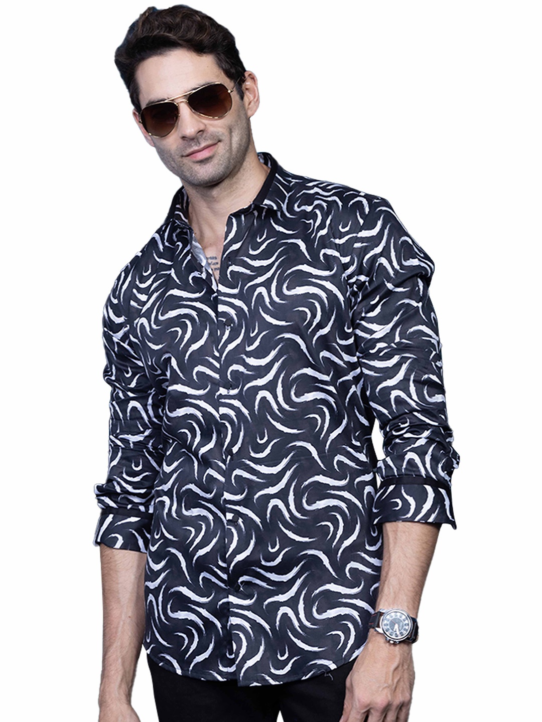 

ALMATY Comfort Abstract Printed Cutaway Collar Slim Fit Cotton Casual Shirt, Black
