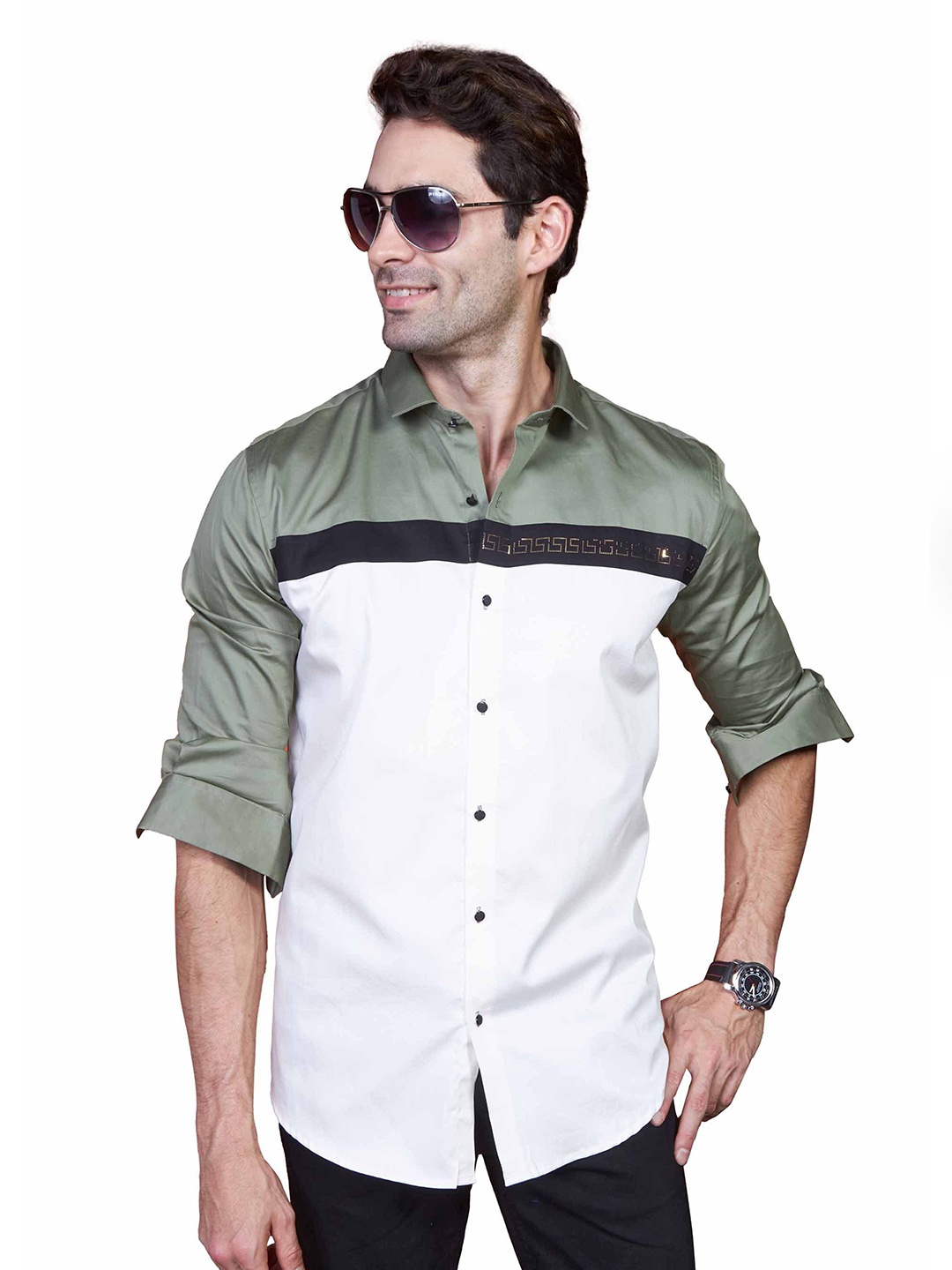 

ALMATY Comfort Colourblocked Cutaway Collar Slim Fit Cotton Casual Shirt, Cream