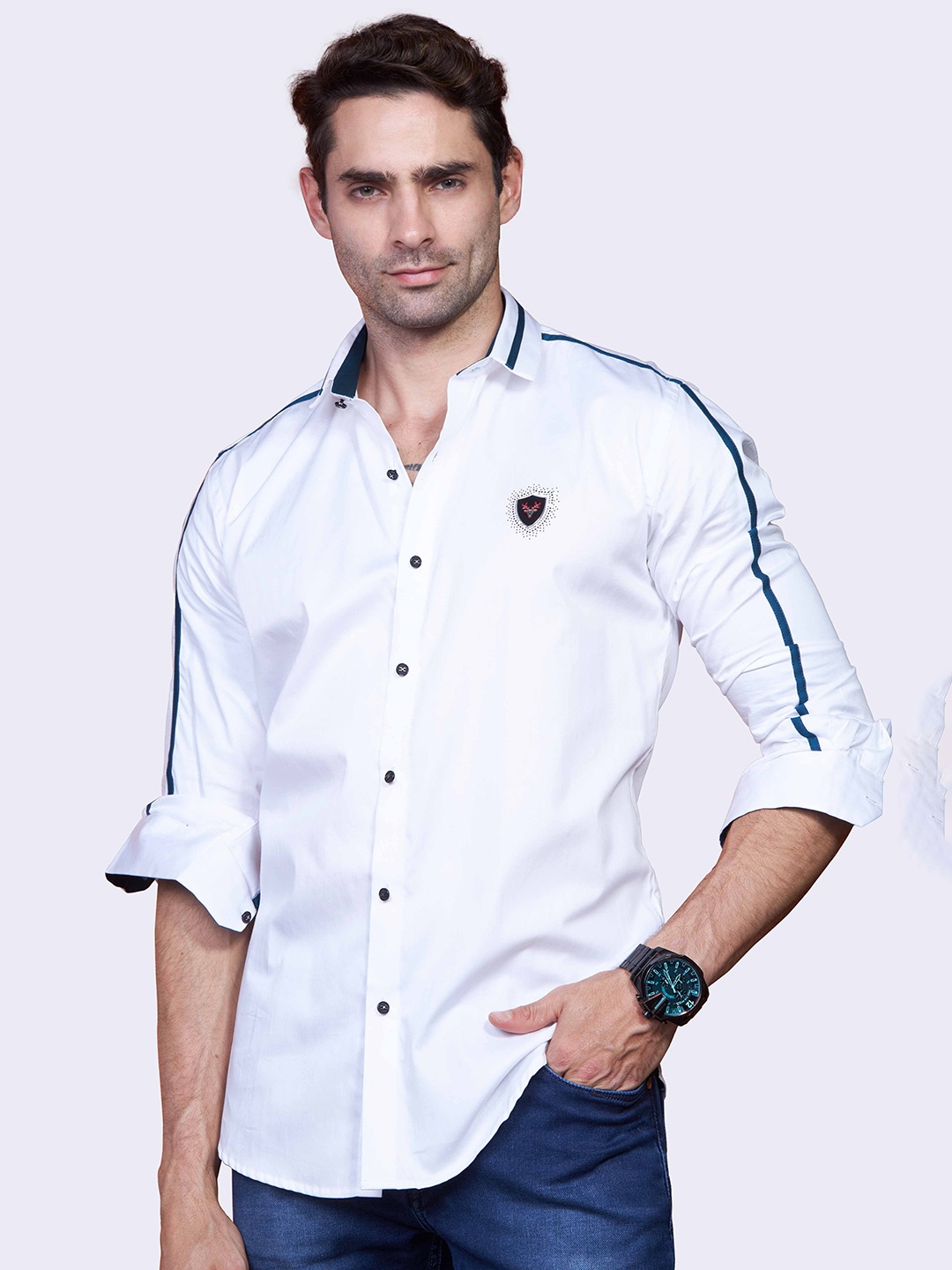 

ALMATY Comfort Slim Fit Spread Collar Cotton Party Shirt, White