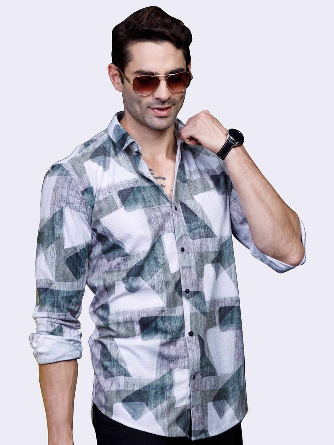 

ALMATY Comfort Slim Fit Abstract Printed Spread Collar Cotton Party Shirt, White