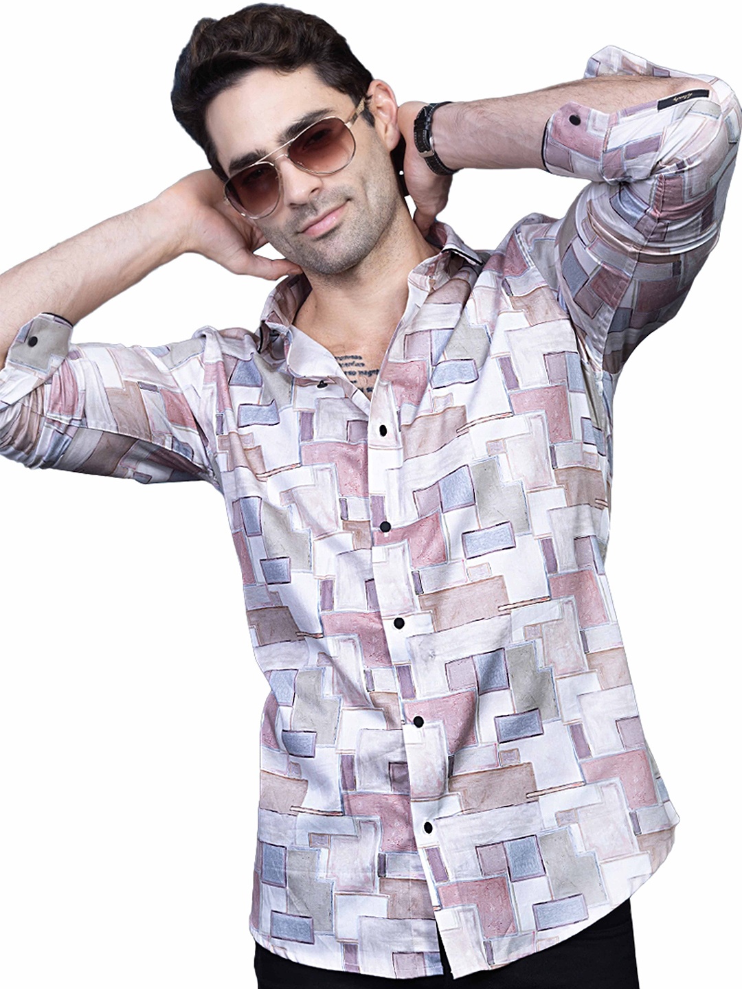 

ALMATY Comfort Slim Fit Abstract Printed Cotton Casual Shirt, Pink