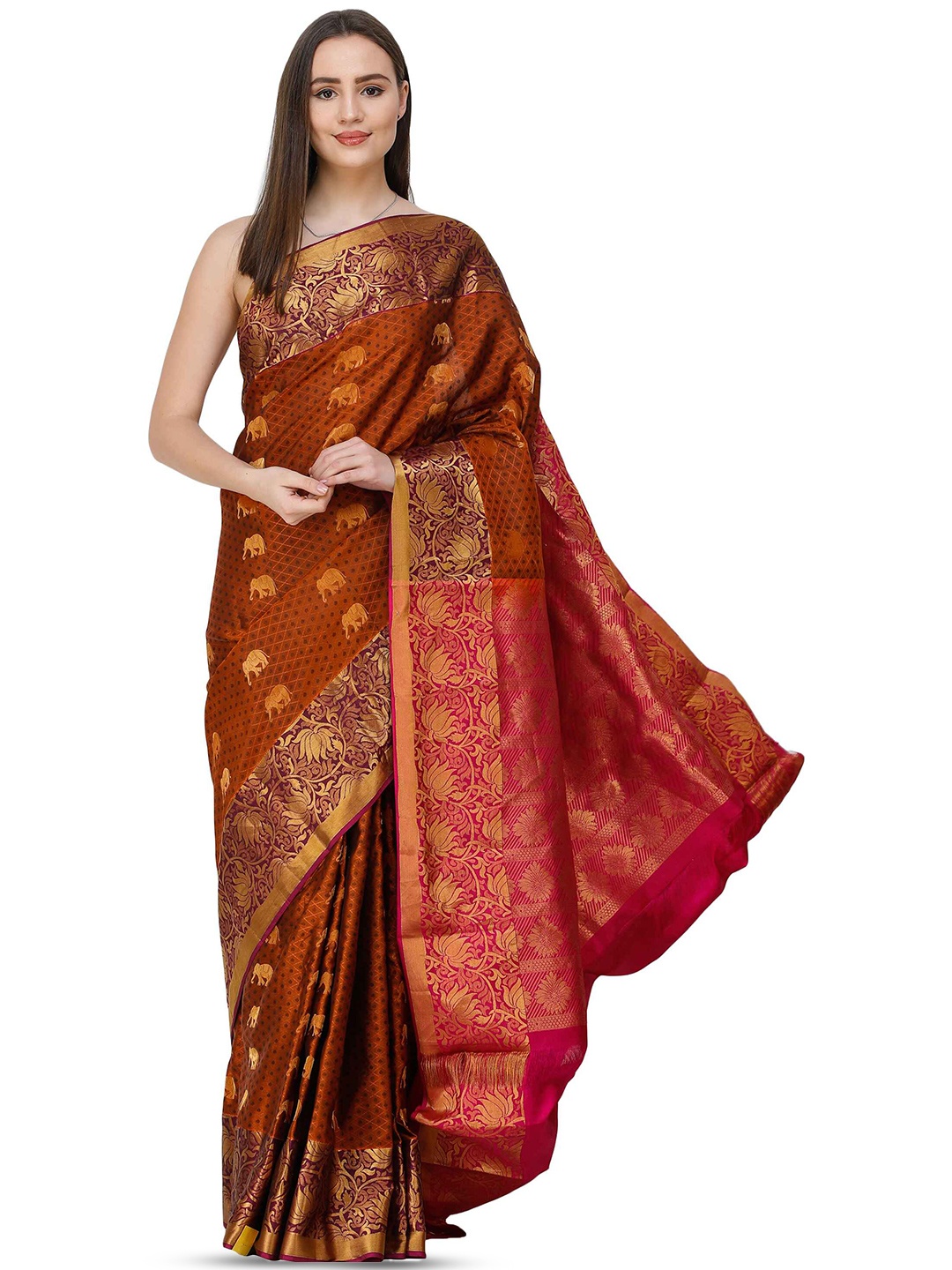 

Exotic India Ethnic Motifs Zari Pure Silk Uppada Saree, Orange