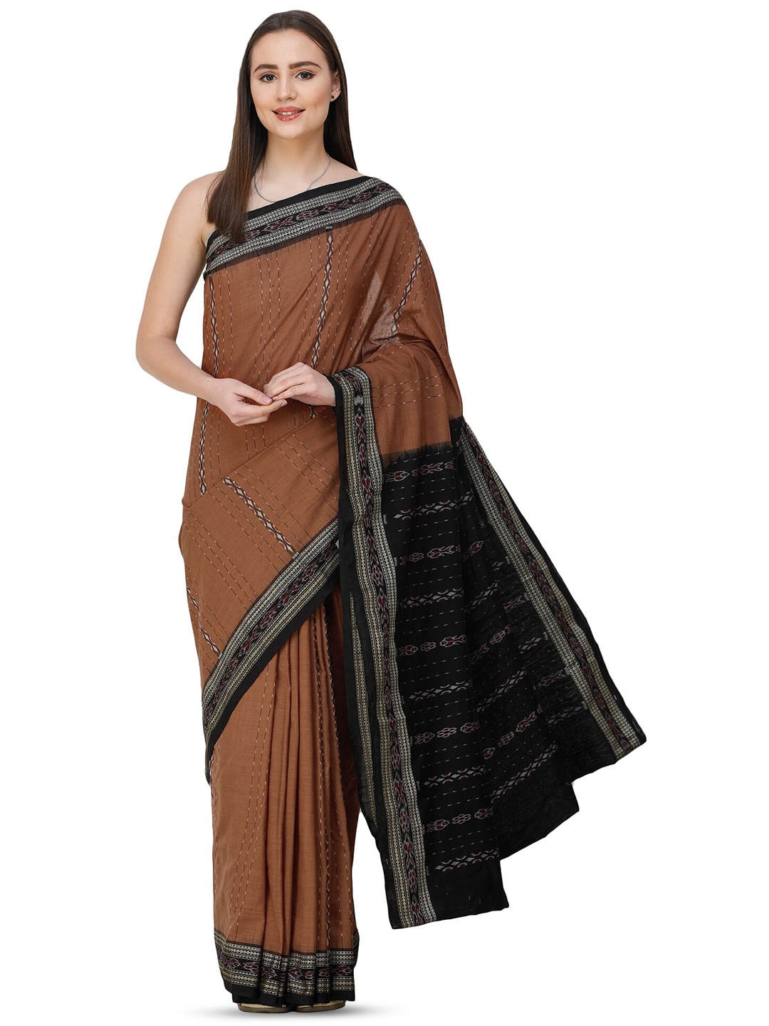 

Exotic India Striped Pure Cotton Sambalpuri Saree, Brown